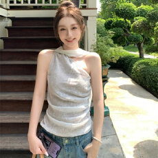 批发板栗可可Bankelili 偷心契约 纯欲蕾丝提花飘带露肩背心吊带女