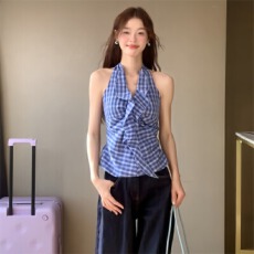 批发2025辣妹性感格纹挂脖吊带背心女夏性感纯欲露背短款<b class='q'>无袖</b>上衣