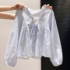 批发韩系秋季甜美假两件长袖木耳边长袖条纹上衣女宽松显瘦百搭<b class='q'>娃娃衫</b>