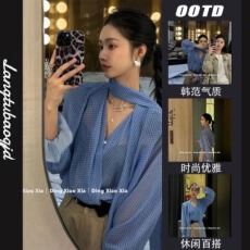 批发2025年春季新款法式独特绝美气质长袖上衣飘带v领蓝色<b class='q'>波点</b><b class='q'>衬衫</b>女