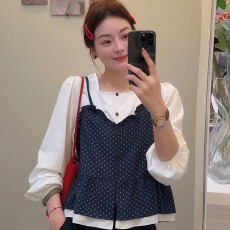 批发韩系<b class='q'>波点</b>吊带假两件<b class='q'>衬衫</b>女早秋季新款小众设计感撞色拼接长袖上衣