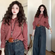 批发纯棉色织<b class='q'>格子</b>长袖衬衫上衣女2025新款春季韩系慵懒风衬衣外套