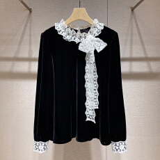 批发2025年秋季淡人黑色韩版<b class='q'>时尚</b>气质百搭设计感蕾丝拼接长袖<b class='q'>衬衫</b>