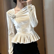 批发法式小资<b class='q'>衬衫女</b>冬秋高级感轻奢减龄洋气独特超好看雾霾蓝丝绒