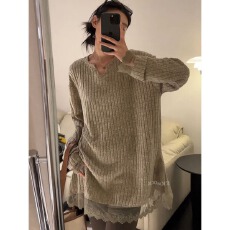 批发慵懒风蕾丝拼接长袖针织衫女2025秋冬新款宽松<b class='q'>中长款</b><b class='q'>打底衫</b>上衣