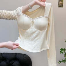 批发2025新款时尚蕾丝拼接网纱打底衫<b class='q'>女长袖</b>方领带胸垫气质温柔风上衣