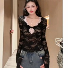 批发性感风黑色蕾丝V领上衣<b class='q'>女</b>冬季新款修身显瘦高级感打底衫