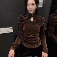 批发十三行<b class='q'>新款</b>泡泡袖丝绒长袖<b class='q'>衬衫</b>女冬季韩版修身复古修身褶皱上衣潮