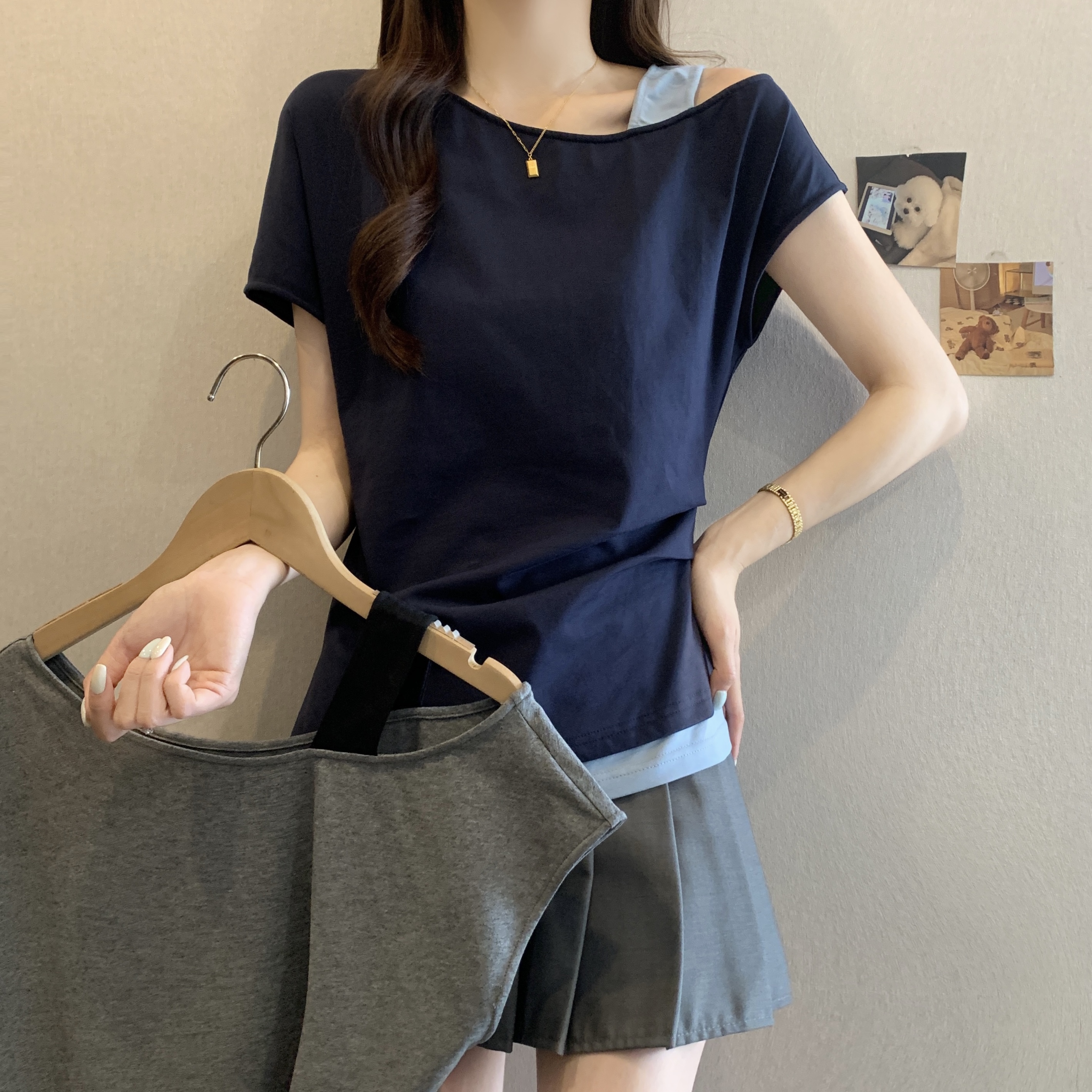 MY7385# 胖MM灰色假两件斜肩设计感短袖T恤 夏季新款漂亮穿搭上衣女裝貨源服裝批發