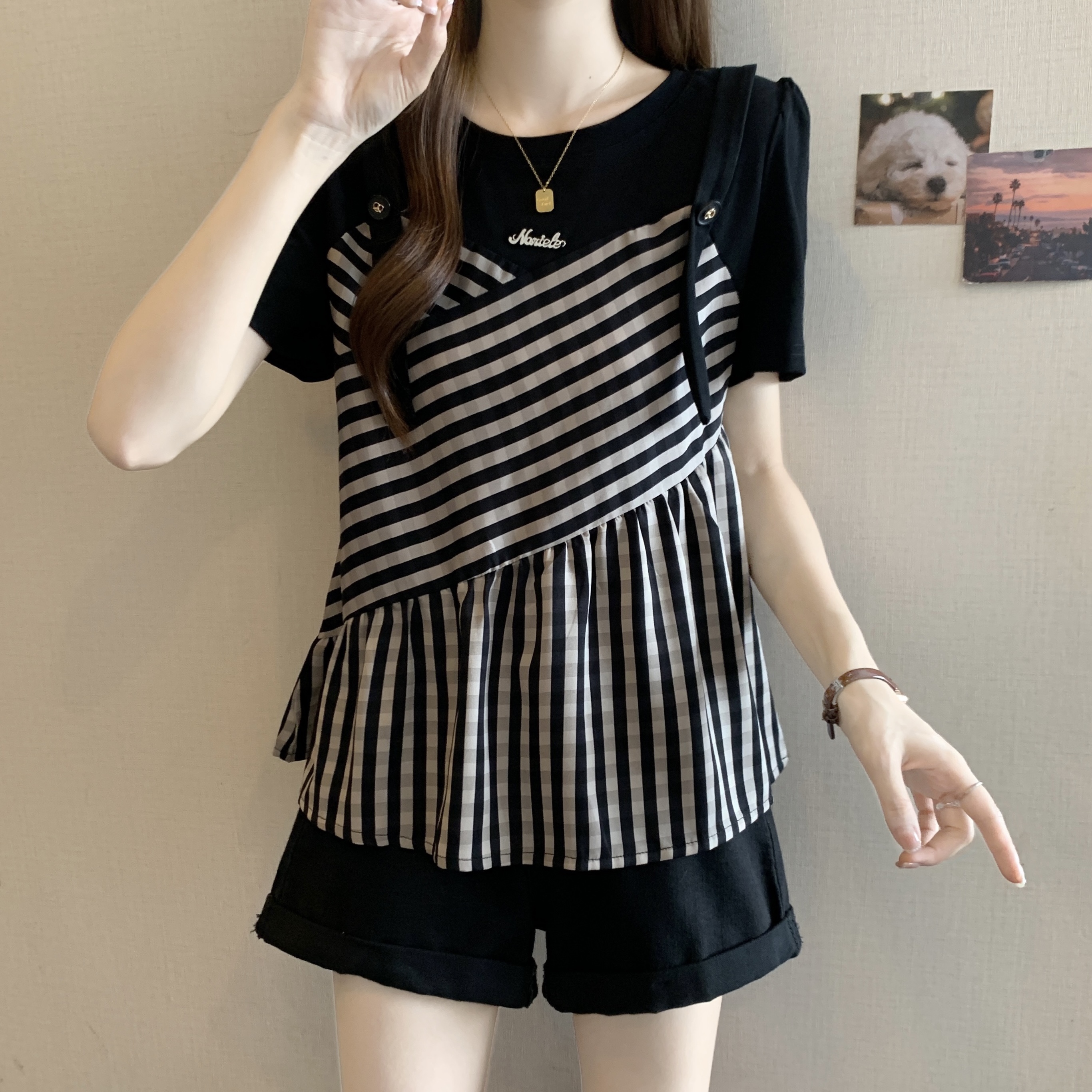 RY2095# 胖MM洋气质高级感上衣2025夏装爆款遮肉显瘦假两件衬衫上衣