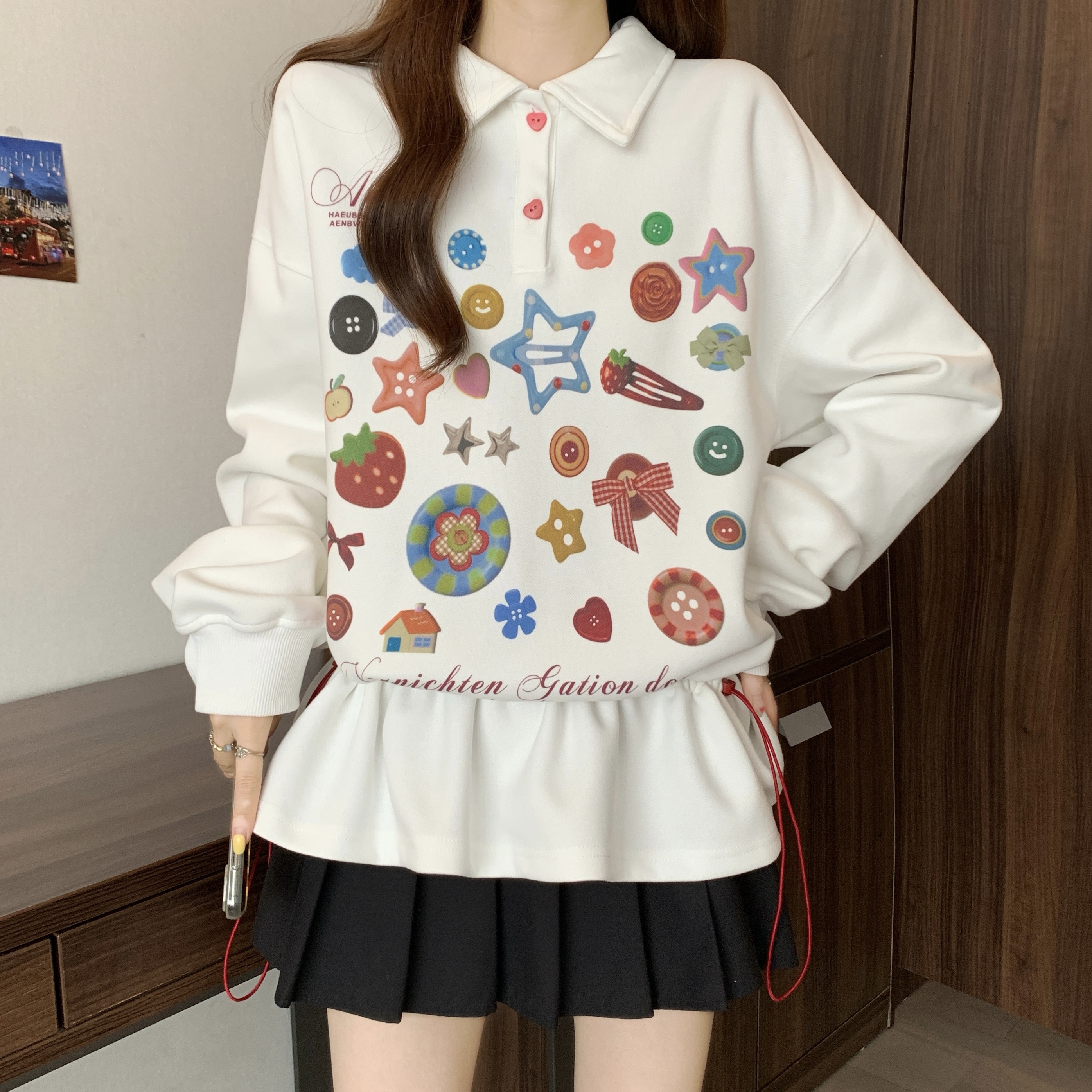 MY12733# 胖MM甜美彩色纽扣收腰Polo卫衣女新款秋季宽松设计感休...
