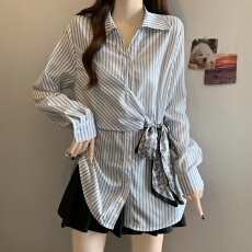 批发胖MM韩版绑带收腰条纹衬衫女2025秋季新款时尚设计感显瘦长袖上衣