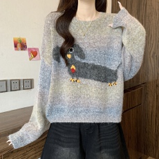 批发韩系秋冬慵懒松弛感独特超好看设计感<b class='q'>胖</b><b class='q'>MM</b>显瘦腊肠狗针织上衣