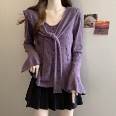 批发紫色披肩提花长袖针织衫女秋冬打底胖MM新款韩系设计感减龄上衣