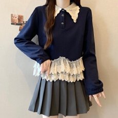 批发大码重工蕾丝拼接长袖<b class='q'>衬衫</b>女2025秋冬季新款韩版宽松气质高端卫衣