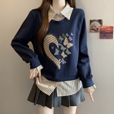 批发大码假两件条纹拼接娃娃领卫衣女秋冬微胖MM宽松显瘦百搭洋气上衣