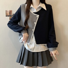 批发大码<b class='q'>学院风</b>高级感假两件撞色拼接卫衣女翻领设计感宽松百搭上衣潮