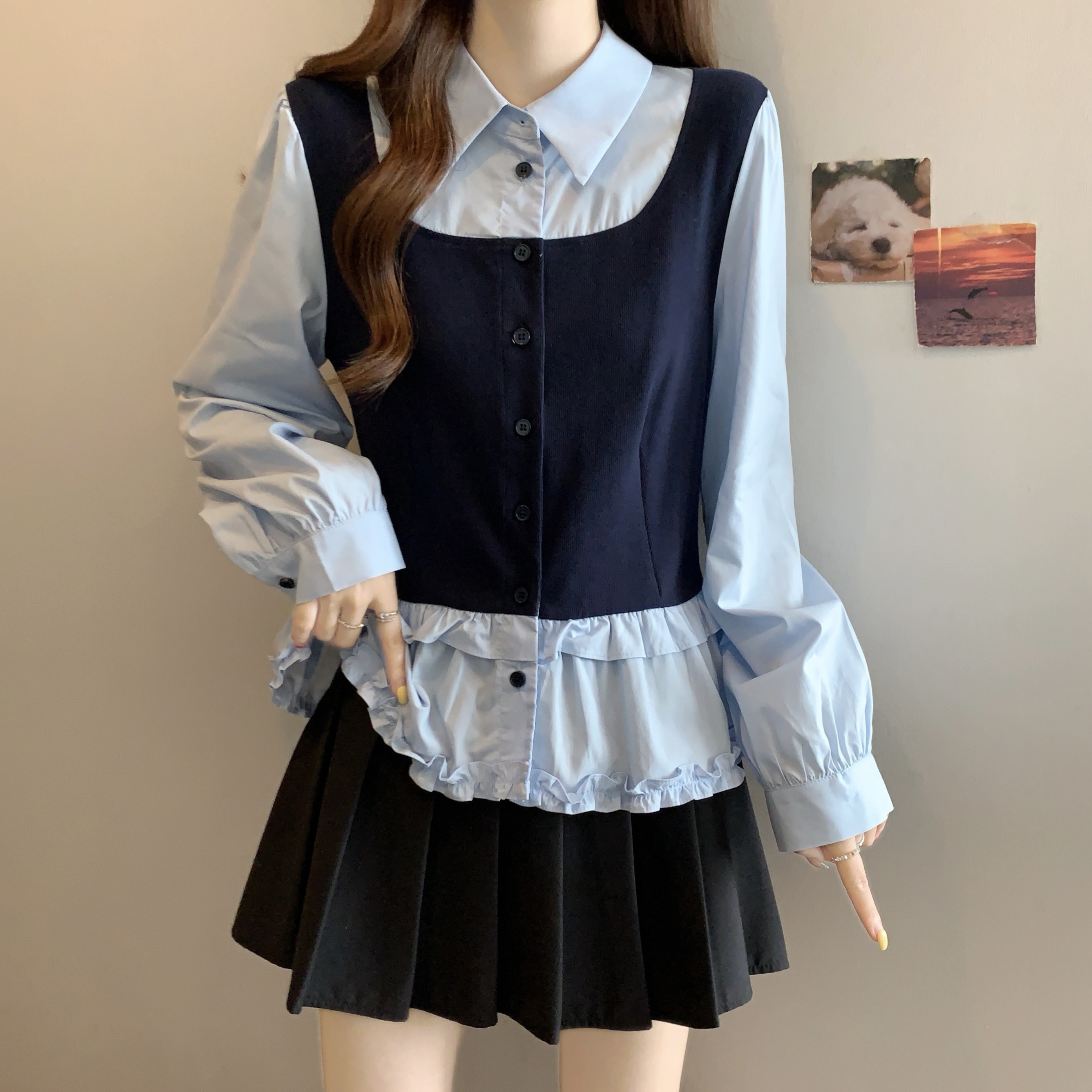 빅 사이즈 달콤함 연령 감소 페이크 레이어드 긴팔 셔츠 2026 새로운 디자인 센스 배색 패치워크 프릴 맨위