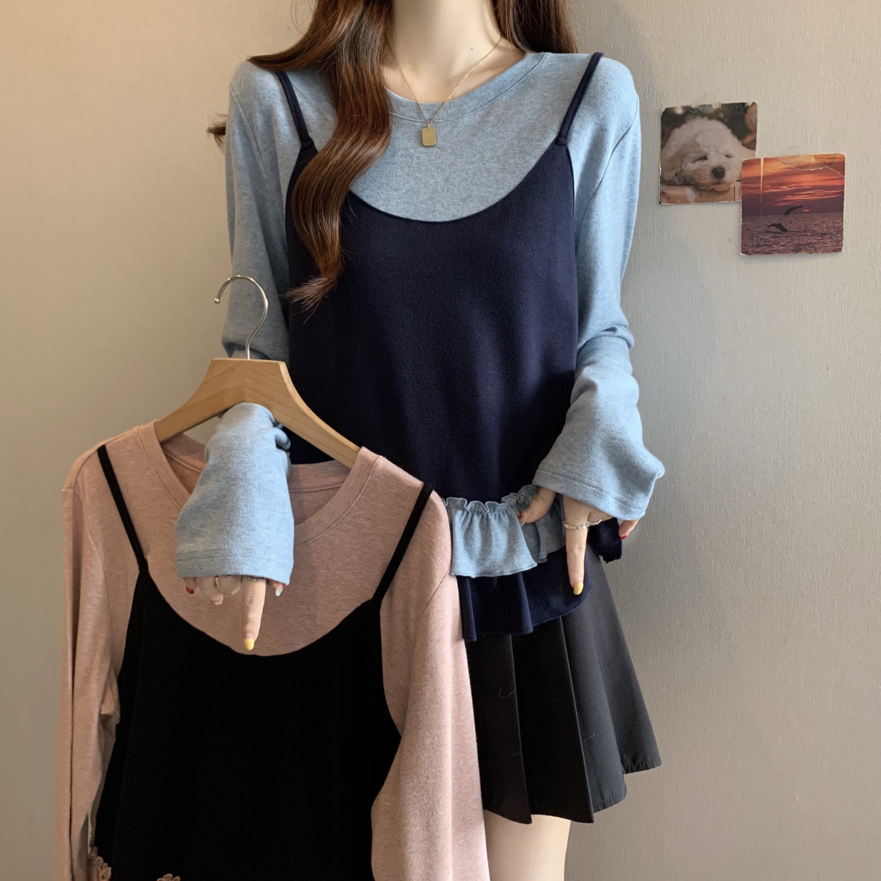 빅 사이즈 여성 의류 프릴 페이크 레이어드 니트 티셔츠 여성 2026 새로운 파란색 패치워크 슬립 맨위