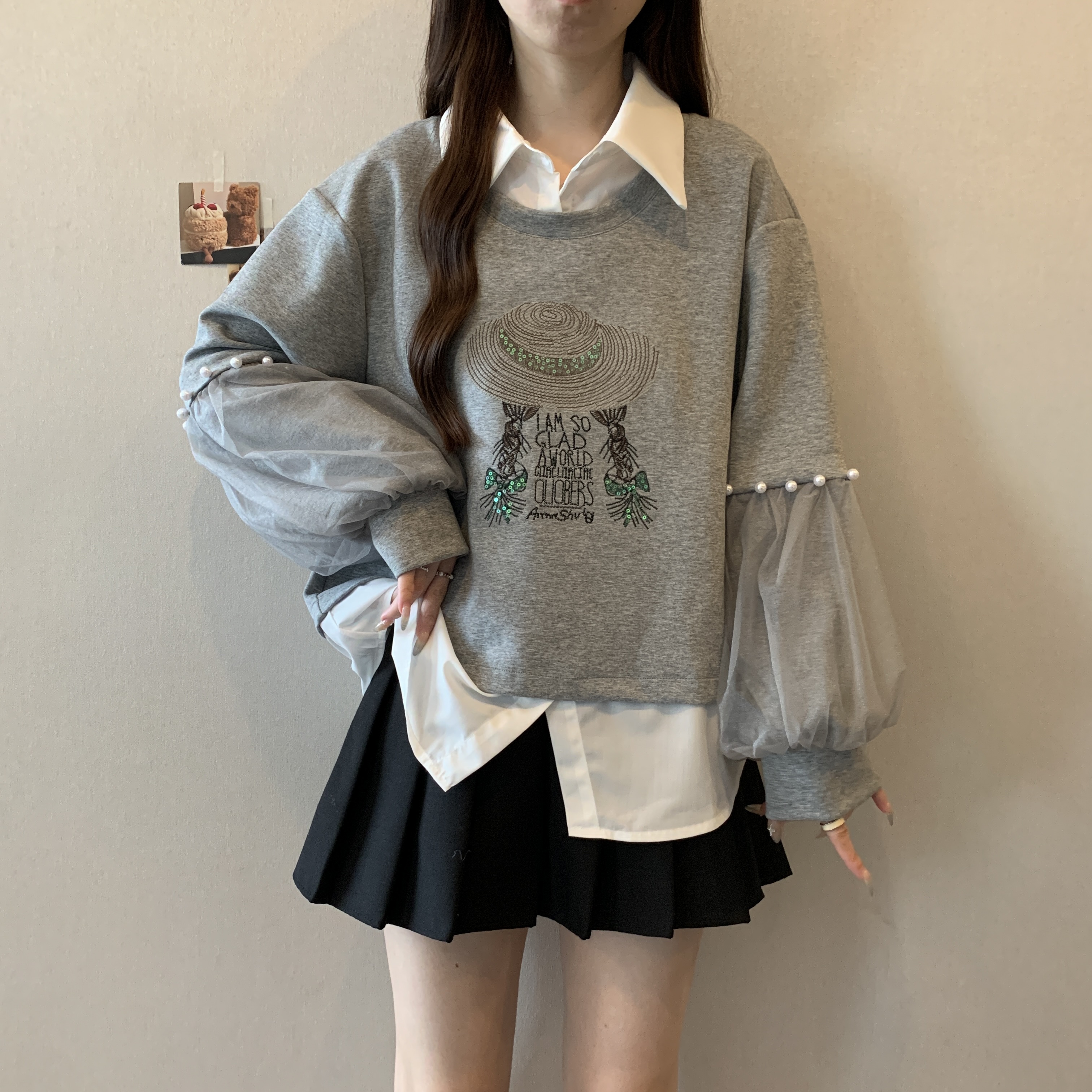 망사 비즈 박기 패치워크 페이크 레이어드 후드티 여성 지방 mm 디자인 센스 밀짚모자 소녀 루즈핏 슬림해 보이는 POLO 칼라 맨위