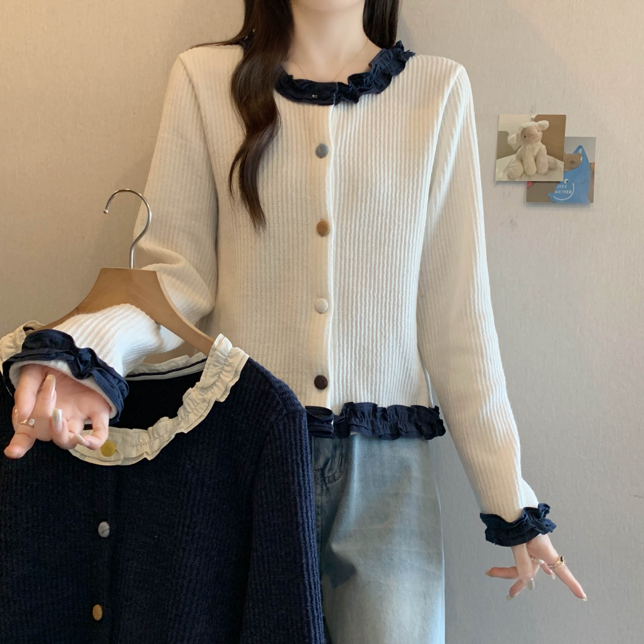 빅 사이즈 프랑스식 블루 색상 레이스 칼라 긴팔 오픈 가디건 여성 2026 새로운 디자인 센스 니트 스웨터 맨위 트렌디