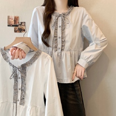 批发<b class='q'>大码</b>蓝色拼接格纹木耳边长袖衬衫法式2026新款独特<b class='q'>超</b>好看上衣