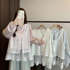 批发大码女装2026春季穿搭糖果色衬衫遮肚显瘦蕾丝马甲两件套女