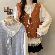 批发大码法式温柔风针织V领马甲2026新款花边领长袖衬衫两件套装