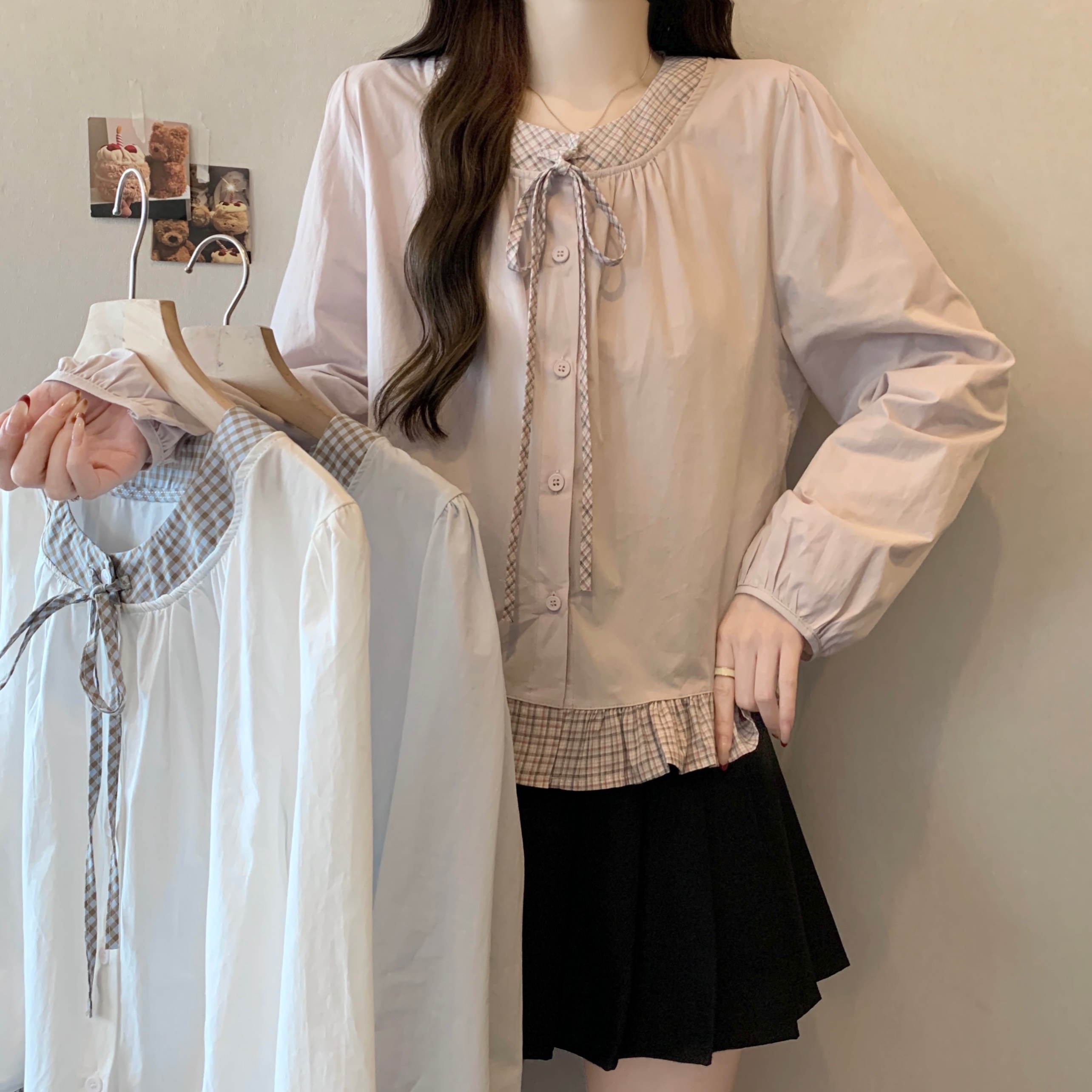 체크무늬 패치워크 긴팔 만나는 여성 셔츠 봄 가을 빅 사이즈 지방 mm 슬림해 보이는 프랑스식 쇼트 스타일 레이스업 나비 매듭 맨위