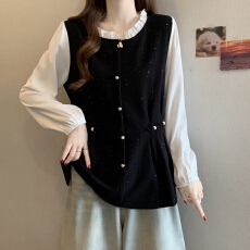 批发2026年春季大码女装胖mm时尚法式黑白拼色亮显瘦长袖衬衫百搭上衣