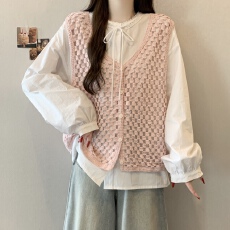 批发巨好看穿搭<b class='q'>超</b>火马夹衬衫女胖MM2026新款镂空叠穿马甲两件套