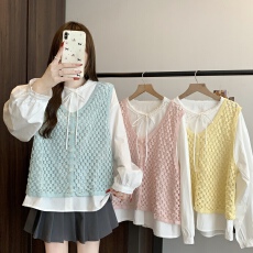 批发巨好看穿搭<b class='q'>超</b>火马夹衬衫女胖MM2026新款镂空叠穿马甲两件套