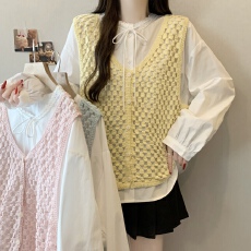 批发巨好看穿搭<b class='q'>超</b>火马夹衬衫女胖MM2026新款镂空叠穿马甲两件套