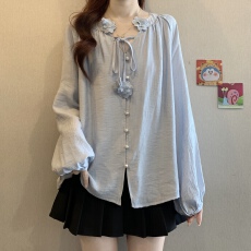 批发大码立体花朵蓝色衬衫春款女装2026年新款衬衣九分袖女上衣