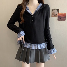 批发胖MM2026新款假两件格子拼接V领套头内搭外穿短上衣