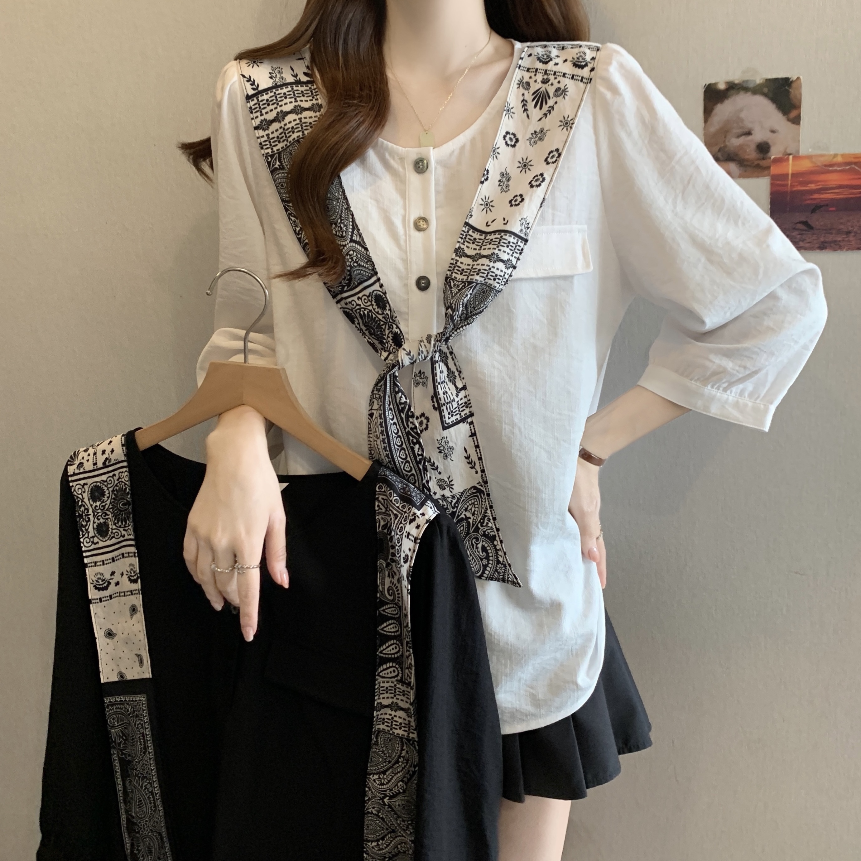 빅 사이즈 여성 의류 프린트 숄 리본 모방 면 린넨 작은 셔츠 지방 mm 디자인 센스 품격 연령 감소 맨위