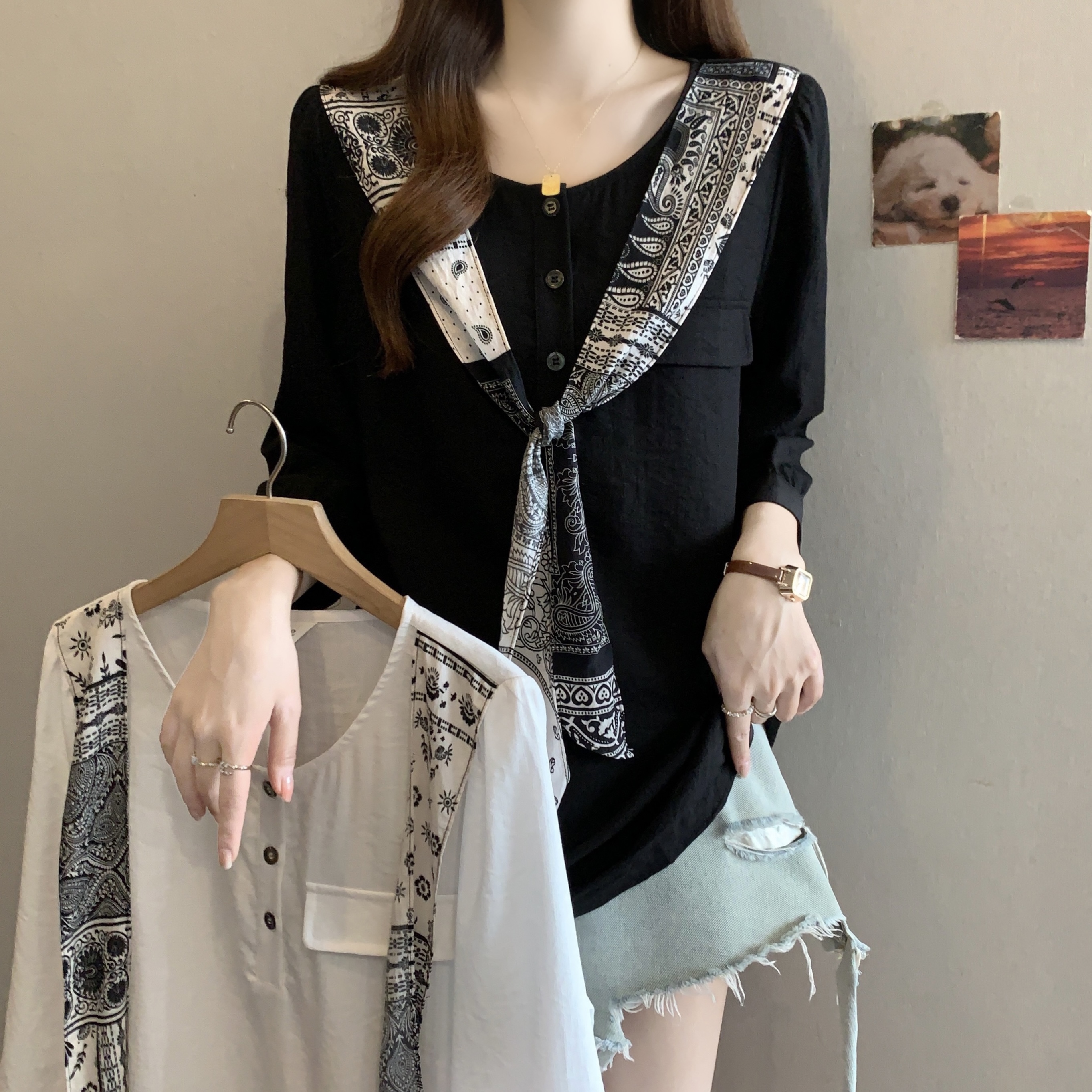 빅 사이즈 여성 의류 프린트 숄 리본 모방 면 린넨 작은 셔츠 지방 mm 디자인 센스 품격 연령 감소 맨위