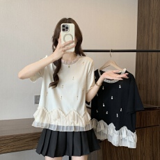 批发超好看钉珠亮片正肩短袖<b class='q'>T</b><b class='q'>恤</b>女2026夏大码胖mm双层荷叶边下摆上衣
