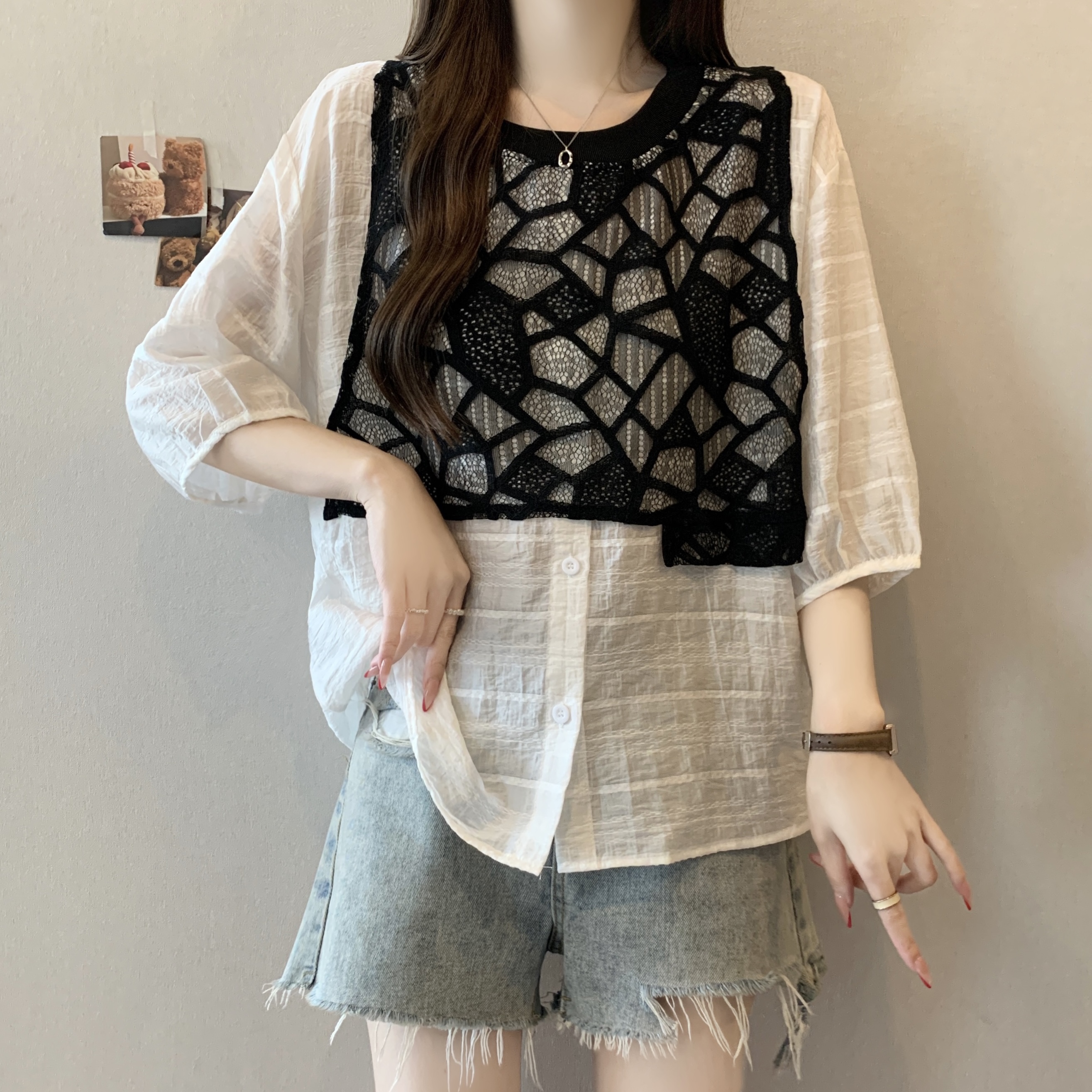지방 mm 고유 한 슈퍼 잘 생긴 프랑스식 거품 소매 레이스 베스트 조끼 반팔 셔츠 페이크 레이어드 쉬폰 블라우스 맨위