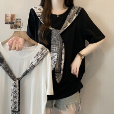 批发大码女装2026新款胖mm巨显瘦印花绑带拼接短袖<b class='q'>T</b><b class='q'>血</b>