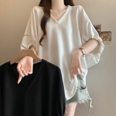 批发大码韩系v领不规则五分袖白色t恤女春夏新款胖mm宽松显瘦遮肉上衣