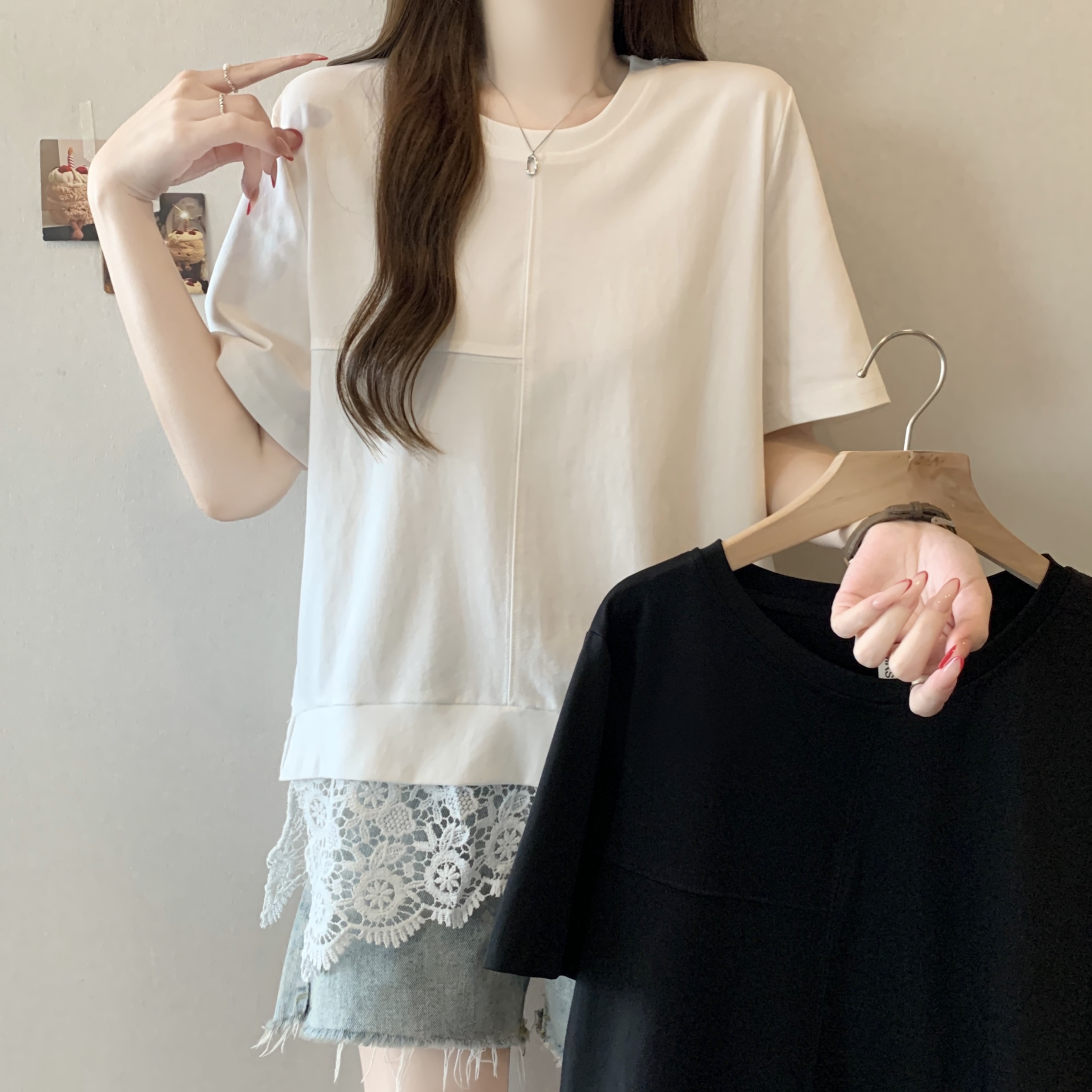 RY2100# 胖MM不规则短袖设计感小众蕾丝t恤女宽松韩版慵懒风花边拼接上衣