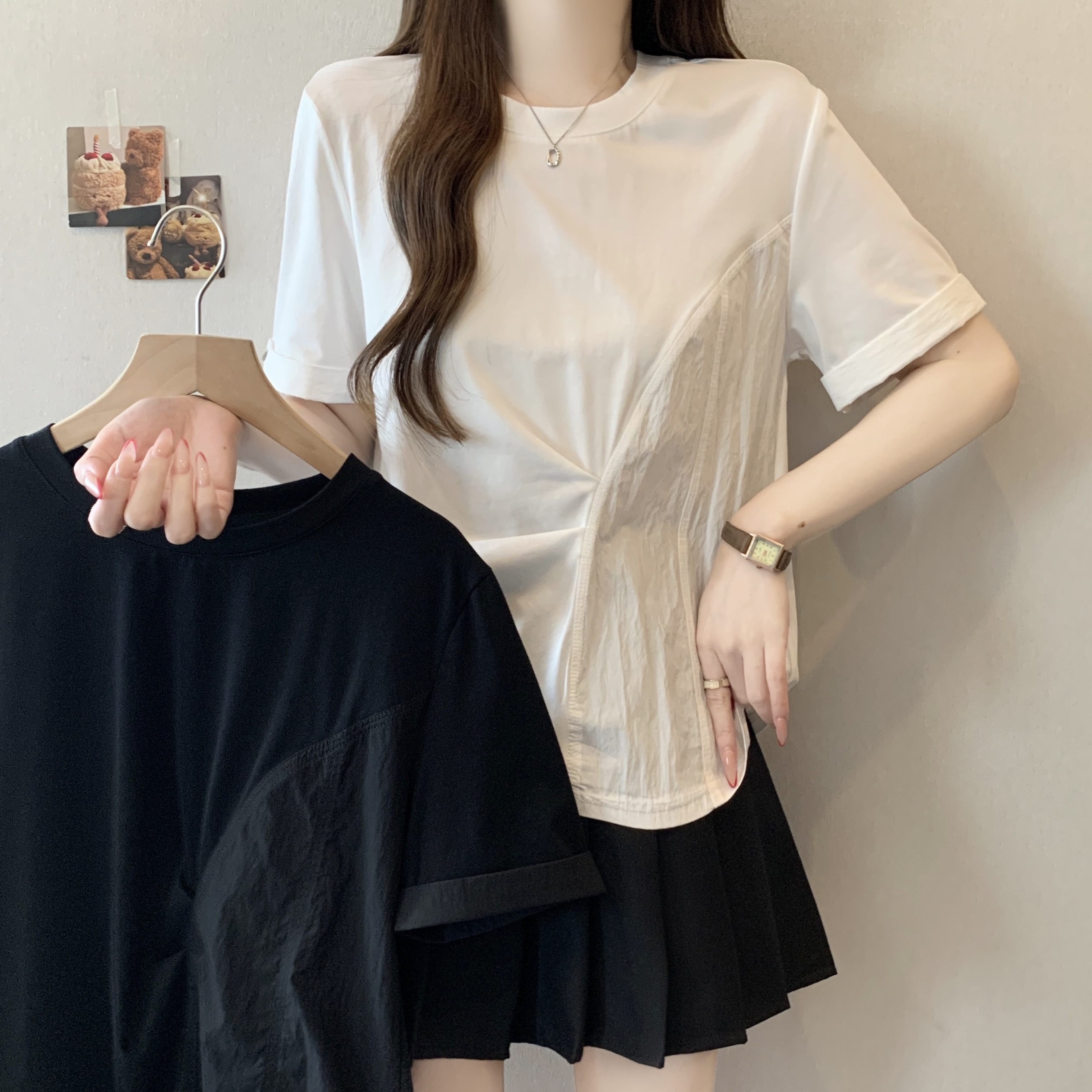 RY2099# 胖MM设计感不规则白色短袖t恤2026夏季新款宽松显瘦独特别致上衣