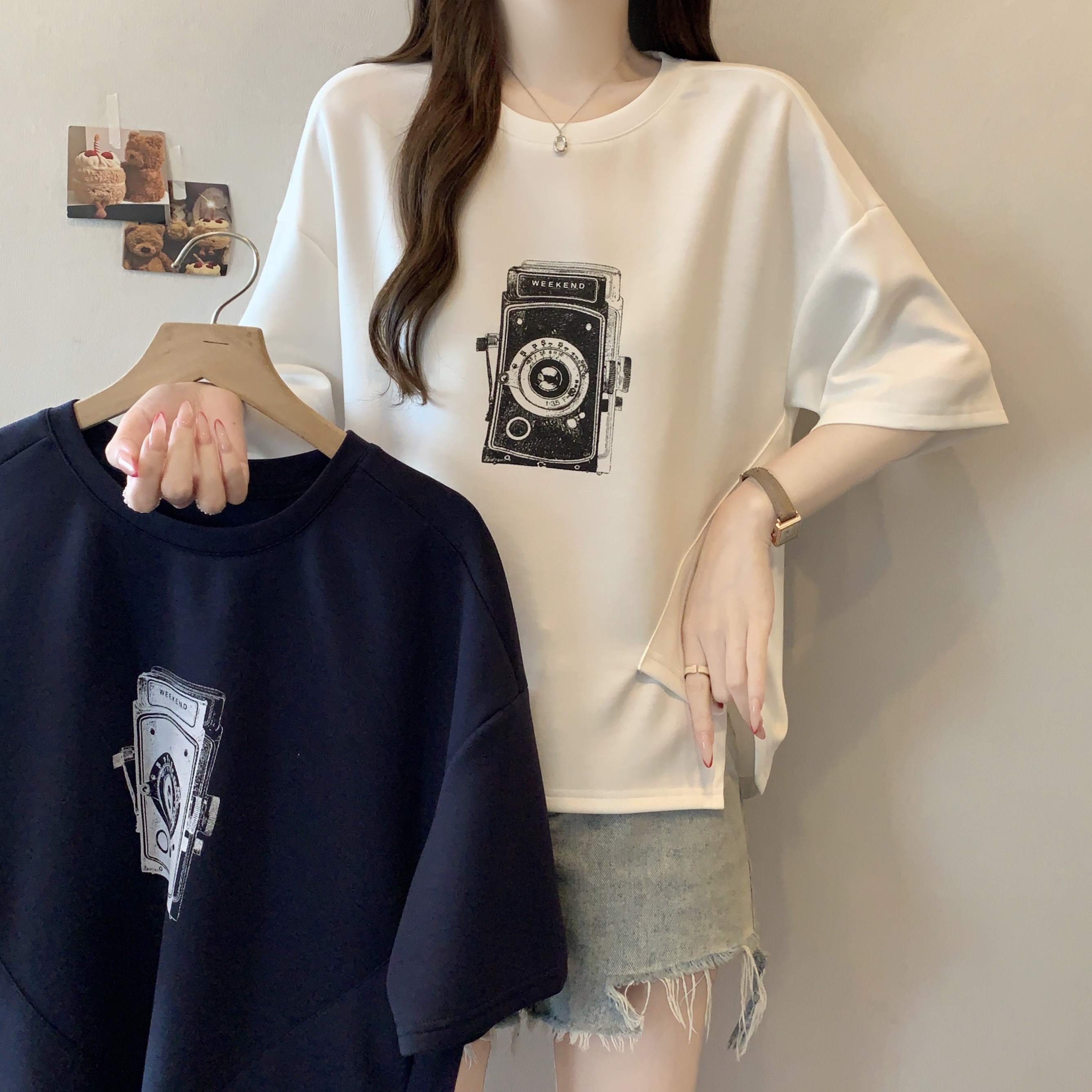 지방 mm 새로운 패션 프린트 패치워크 색상 불규칙 티셔츠 여성 루즈핏 슬림해 보이는 캐주얼 다용도 작은 대중 맨위