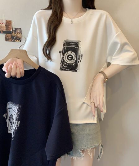 지방 mm 새로운 패션 프린트 패치워크 색상 불규칙 티셔츠 여성 루즈핏 슬림해 보이는 캐주얼 다용도 작은 대중 맨위