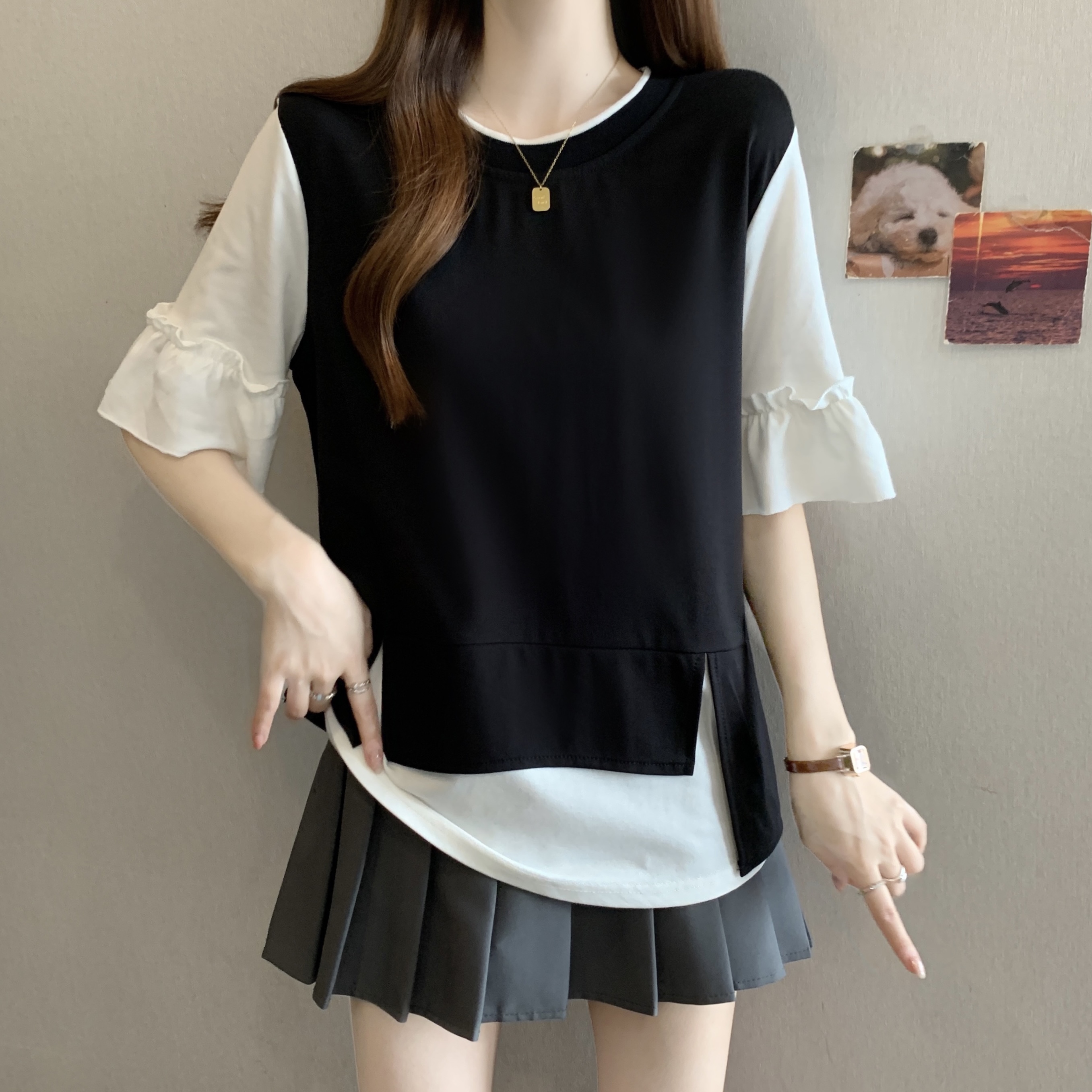 RY2098# 胖MM巨好看小众撞色拼接假两件休闲简约短袖T恤女慵懒风百搭上衣