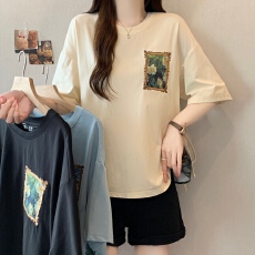 批发胖MM2026夏季新款假两件圆领短袖宽松设计感t恤女上衣