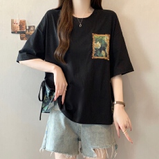 批发胖MM2026夏季新款假两件圆领短袖宽松设计感t恤女上衣