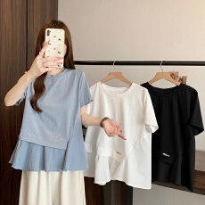 批发2026新款爆款拼接短袖T恤大码女装胖mm<b class='q'>夏</b>季宽松大版遮肚高级上衣