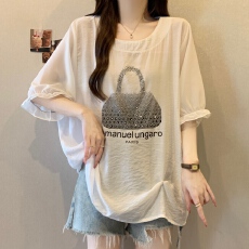 批发胖MM烫钻<b class='q'>印花</b>短袖<b class='q'>雪纺衫</b>夏季宽松遮肉小衫设计感抽褶上衣